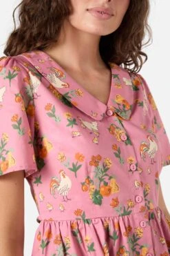 Chickens Mini Shirt Dress - Pink Vintage Poultry Print Cotton Button-Down Mini Dress -ModCloth PGFZ179 007 15