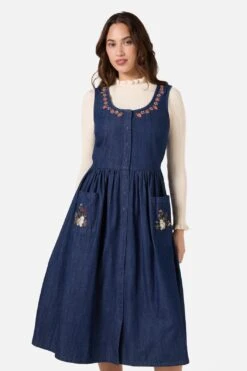 Princess Highway Rabbit Embroidered Indigo Denim Pinafore – Vintage Sleeveless Midi Dress