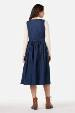 Princess Highway Rabbit Embroidered Indigo Denim Pinafore – Vintage Sleeveless Midi Dress -ModCloth PGFZ259 420 14