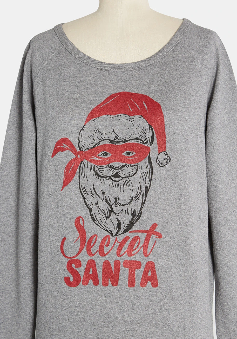 Christmas Confidential Santa Graphic Sweatshirt – Heather Grey Scoop Neck Holiday Pullover 4 Christmas Confidential Santa Graphic Sweatshirt – Heather Grey Scoop Neck Holiday Pullover - Image 2