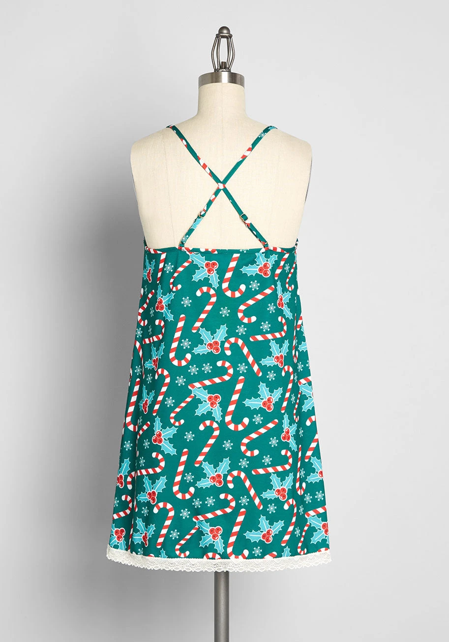 ModCloth Sleep Bright Green Festive Print – Lace Trim Criss-Cross Strap Nightgown 4 ModCloth Sleep Bright Green Festive Print – Lace Trim Criss-Cross Strap Nightgown - Image 2