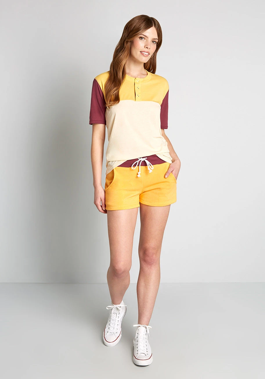ModCloth X CAMP Collection Yellow and Burgundy Colorblock Drawstring Shorts 5 ModCloth X CAMP Collection Yellow and Burgundy Colorblock Drawstring Shorts - Image 3