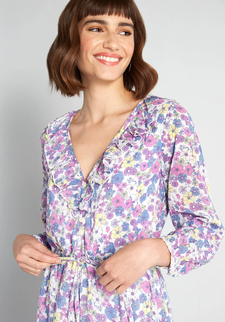 ModCloth Purple and Blue Prairie Floral - Ruffle V-Neck Cotton Gauze Midi Dress 6 ModCloth Purple and Blue Prairie Floral - Ruffle V-Neck Cotton Gauze Midi Dress - Image 4