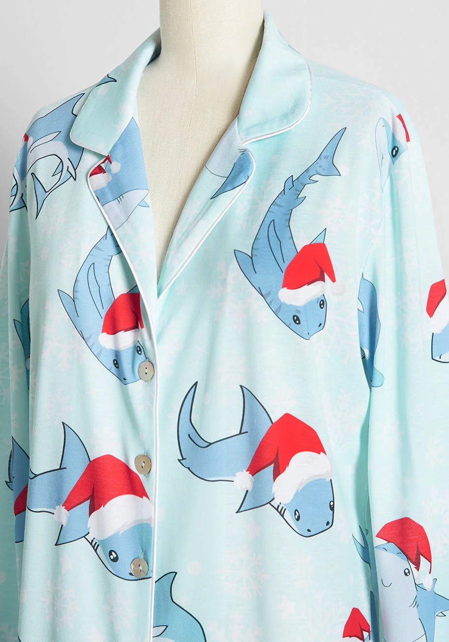 ModCloth Pale Blue Shark Santa Print Sleep Shirt – Festive Notched Lapel Pajama Top 5 ModCloth Pale Blue Shark Santa Print Sleep Shirt – Festive Notched Lapel Pajama Top - Image 3
