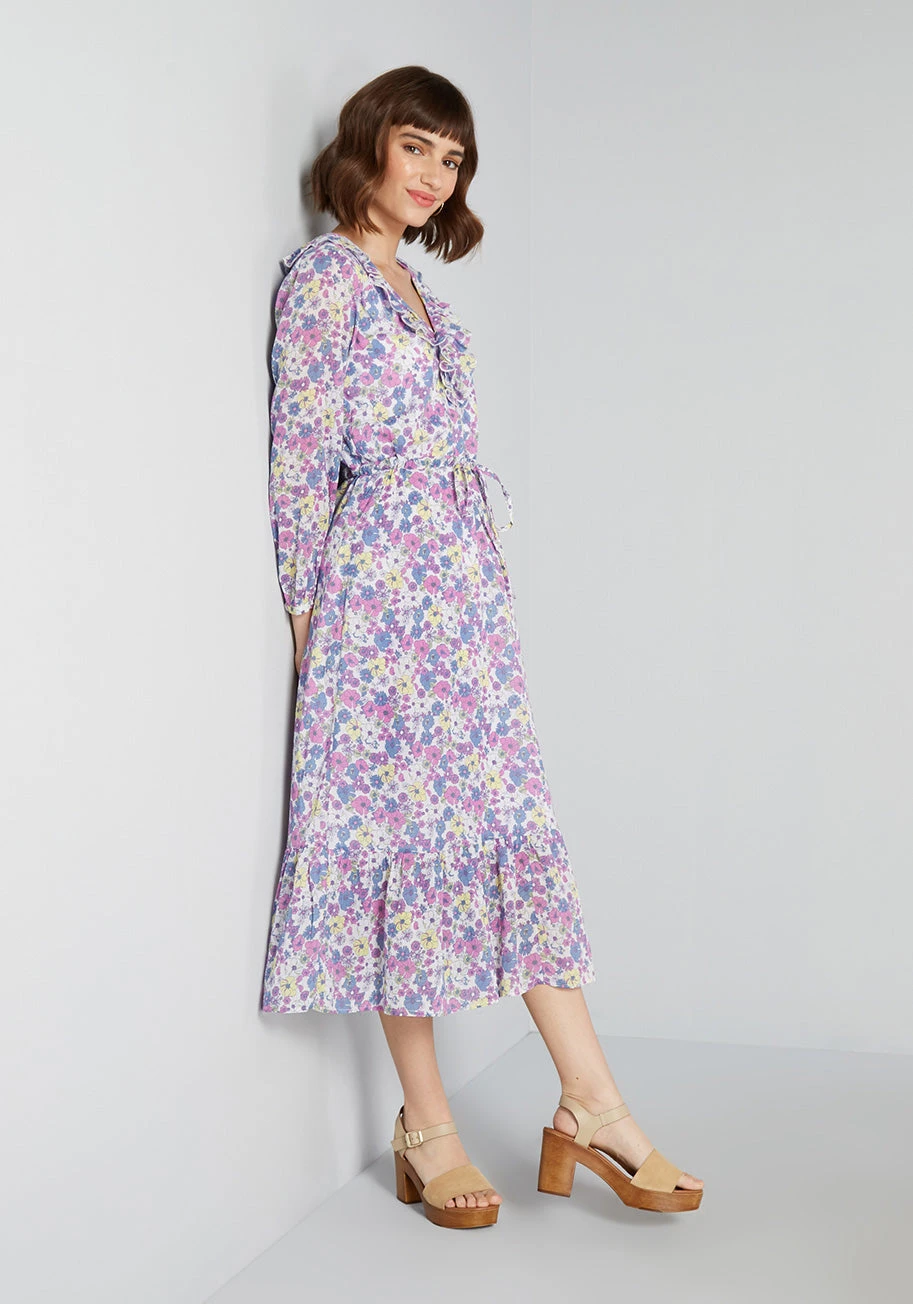 ModCloth Purple and Blue Prairie Floral - Ruffle V-Neck Cotton Gauze Midi Dress 5 ModCloth Purple and Blue Prairie Floral - Ruffle V-Neck Cotton Gauze Midi Dress - Image 3
