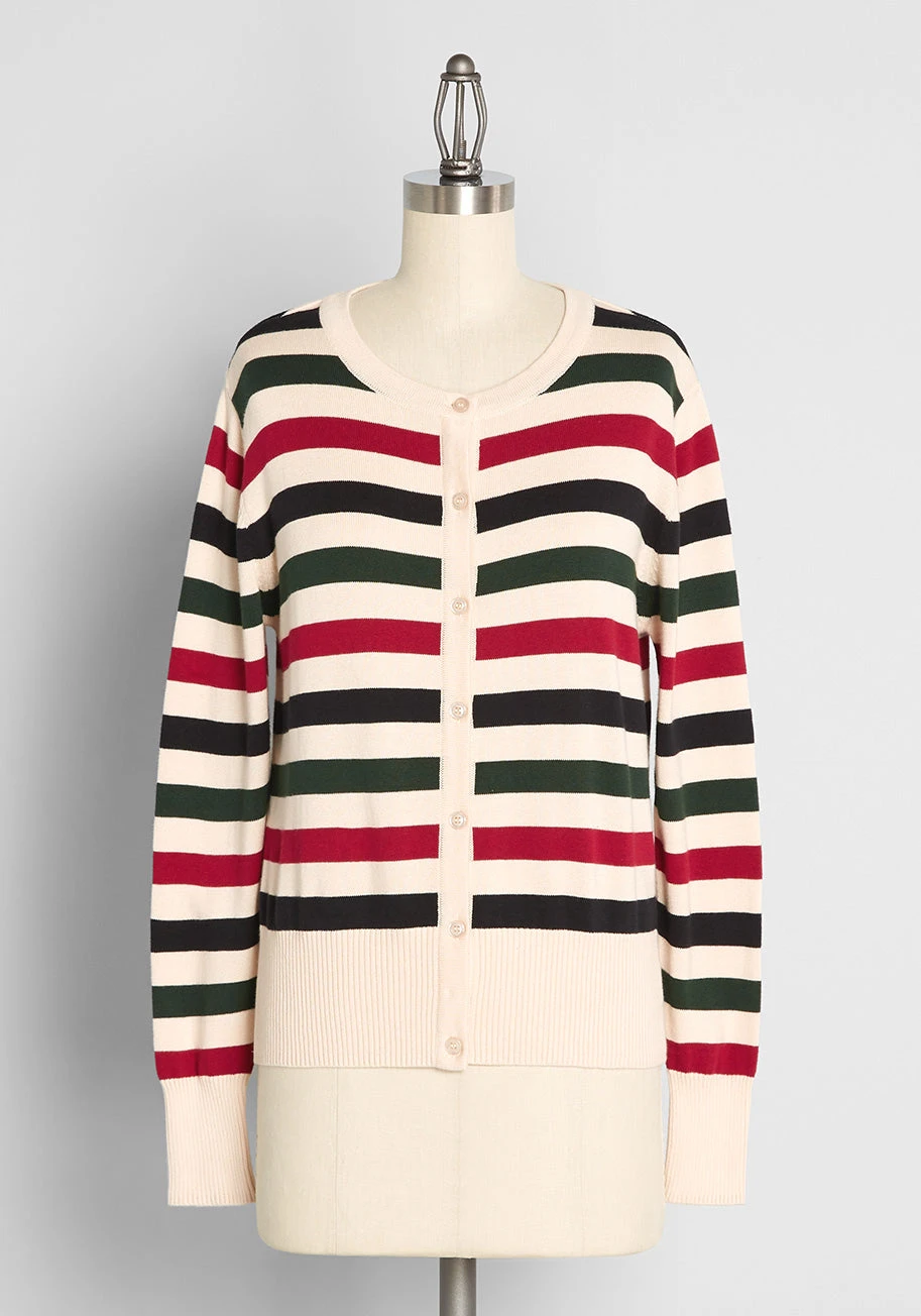 Circus Ivory Striped Cardigan – Red, Black, and Green Horizontal Stripe Button-Up Sweater 3 Circus Ivory Striped Cardigan – Red, Black, and Green Horizontal Stripe Button-Up Sweater