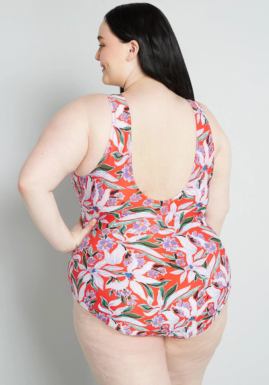 ModCloth Red Tropical Floral One-Piece – Plunging V-Neck Faux Wrap Plus Size Swimsuit 4 ModCloth Red Tropical Floral One-Piece – Plunging V-Neck Faux Wrap Plus Size Swimsuit - Image 2