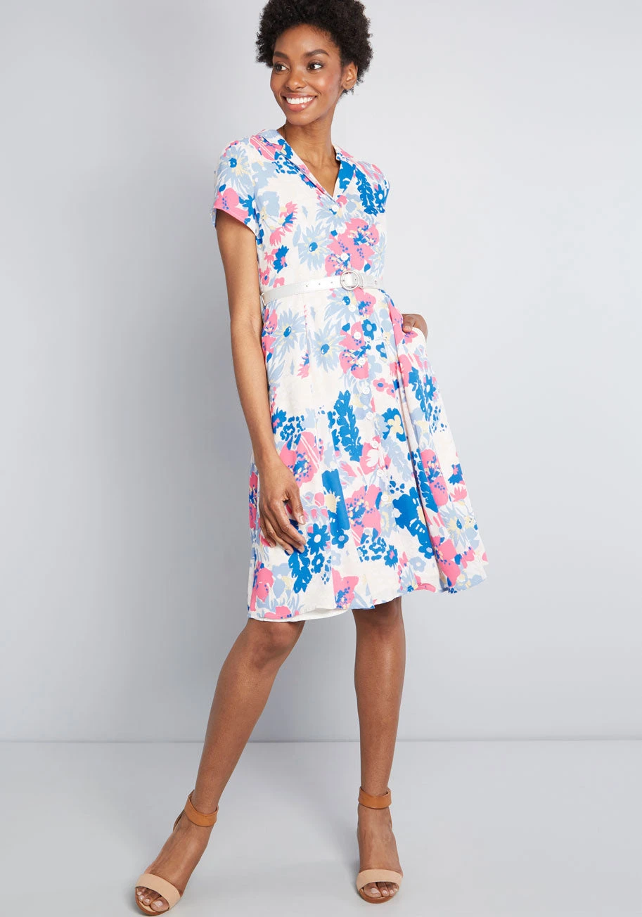 ModCloth Exciting Find White Floral Shirt Dress with Metallic Silver Belt – Fit & Flare A-Line 5 ModCloth Exciting Find White Floral Shirt Dress with Metallic Silver Belt – Fit & Flare A-Line - Image 3