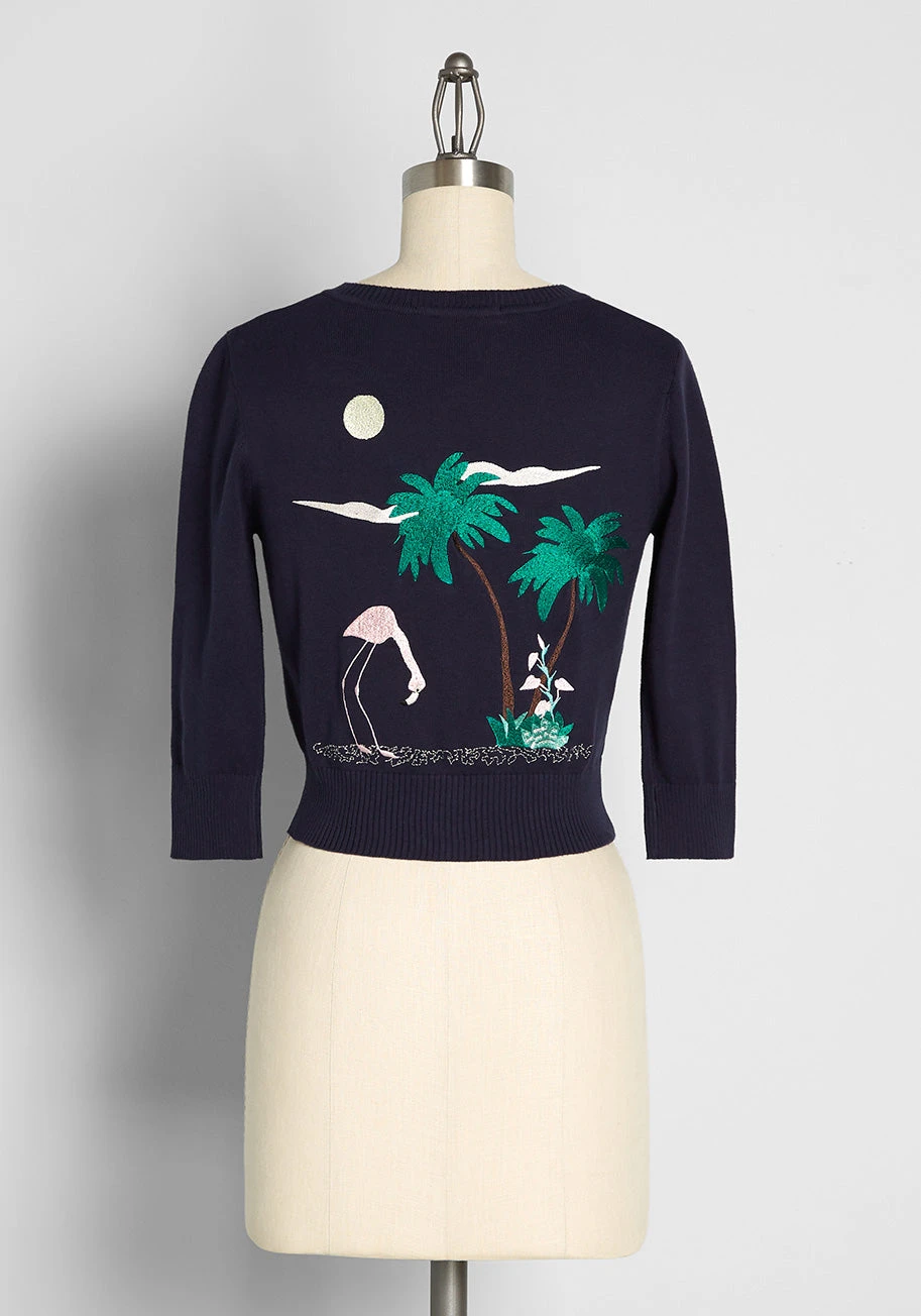 Collectif Navy Blue Tropical Flamingo Embroidered Cardigan – Vintage Inspired 3/4 Sleeve Knit 4 Collectif Navy Blue Tropical Flamingo Embroidered Cardigan – Vintage Inspired 3/4 Sleeve Knit - Image 2