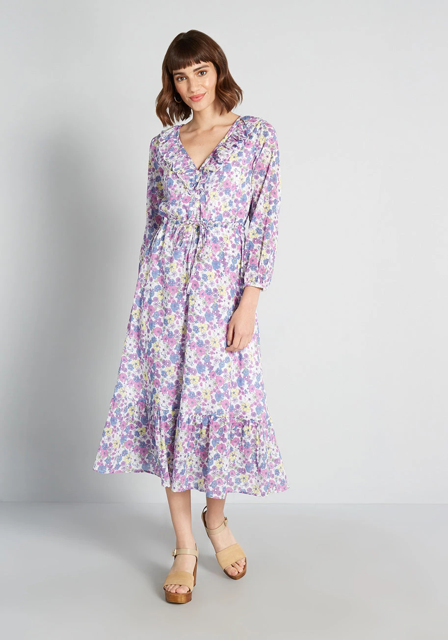 ModCloth Purple and Blue Prairie Floral - Ruffle V-Neck Cotton Gauze Midi Dress 3 ModCloth Purple and Blue Prairie Floral - Ruffle V-Neck Cotton Gauze Midi Dress