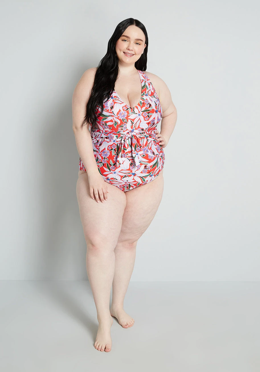 ModCloth Red Tropical Floral One-Piece – Plunging V-Neck Faux Wrap Plus Size Swimsuit 5 ModCloth Red Tropical Floral One-Piece – Plunging V-Neck Faux Wrap Plus Size Swimsuit - Image 3