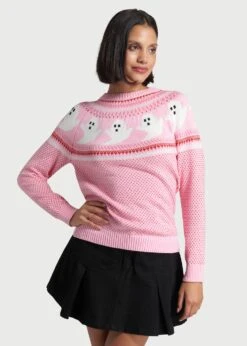 ModCloth Pink Fair Isle Ghost Pattern Sweater – Nostalgic Halloween Crew Neck Pullover -ModCloth mrs1211 pnk 3